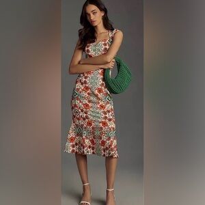 Anthropologie Red and Orange Floral Midi Dress Medium Petite